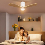 HOMCOM Laeventilaator koos valgustuse ja puldiga 117 cm LED-lambi ventilaatoriga, 3 laba, p&ouml;&ouml;rdvoolumootor, 3 valgusv&auml;rvi, 6 kiirust, taimer magamistubadesse, Natūrali mediena