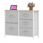 Kummut 5 sahtliga, valmistatud kangast, puidust pealispinnaga ja tugeva terasraamiga