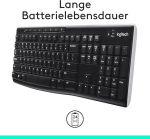 Logitech K270 juhtmevaba klaviatuur, 2,4 Ghz &uuml;hendus Usb Unifying vastuv&otilde;tja kaudu, 8 multimeedia- ja otsetee klahvi, pritsmekindel, 2-aastane aku kasutusiga, saksa Qwerty paigutus - must