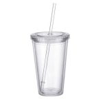 Kahekihiline plasttass kaanega ja joogitoruga, isoleeritud kohvitass, 500 ml, l&auml;bipaistev
