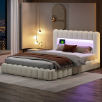 Voodi 140*200cm, LED-valgustuse ja USB-pordiga, h&uuml;drauliline voodi, beež, linane
