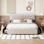 Voodi 140 &times; 200 cm, LED-valgustuse ja nelja sahtliga, beež linane