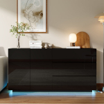 Kummut, kahe uksega, kolme sahtliga, LED-valgustusega, must, 160 &times; 35 &times; 76 cm