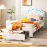 Voodi 90x200 cm, LED-valgustusega, sahtlitega, samet, valge