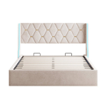 Polsterdatud voodi h&uuml;draulilise voodikasti ja LED-peatsiga, sametine kangas, beež, 160&times;200 cm