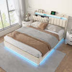 Polsterdatud voodi LED-valgustuse ja USB-C laadimisega, panipaigaga peatsi ja liistudest raamiga, 140x200cm, beež samet (ilma madratsita)