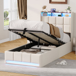Laste &uuml;heinimesevoodi 90 x 200 cm, polsterdatud voodi LED-valgustiga, USB C, beež, linane