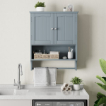 Vannitoa seinakapp k&auml;ter&auml;tikuivatiga, kahe uksega kapp ja avatud riiulid