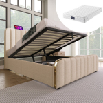 Polsterdatud voodi 140x200 cm kuldse peatsiga, USB-C, h&uuml;drauliline, beež, madratsiga