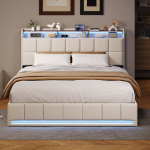 Voodi 160&times;200 cm, LED-valgustuse ja USB-liidesega, kaheinimesevoodi, h&uuml;drauliliselt reguleeritav voodiraam, beež, linane