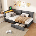 Diivanvoodi 90x200cm kahe sahtliga - LED ja USB-ga - linane - hall