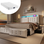 Polsterdatud voodi 140x200 cm, LED, USB C, 4 sahtlit, puit- ja metallraam, beež, madratsiga