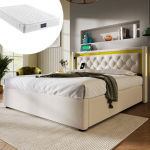Polsterbett LED-valgustusega kaheinimesevoodi 140x200cm USB-C, panipaikade ja madratsiga