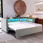 Pehme lahtik&auml;iv diivanvoodi 90/180x190 cm LED-pistikupesade ja riiulitega, helehall 1 tk