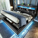 Polsterdatud voodi 140x200 cm, LED, USB/Type-C, h&uuml;drauliline, hall, ilma madratsita