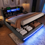 Polsterdatud voodi 160x200 cm, USB-C, LED, h&uuml;drauliline, peatsiga panipaik, hall