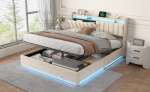 Kaheinimesevoodi panipaigaga, USB-port, LED, sametkangas, 140x200 cm, beež., 200x140cm