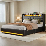 Salvestus Pehme Kaheinimesevoodi 140x190 cm LED Ja USB Pistikutega, Pehme Peatoa Ja Salvestus, Laudaraam, PU Materjal, Must