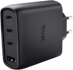 Trust mobiilne laadija MAXO 65W/4-PORT GAN 26067, 65W, 20V, 3xUSB-C, 1xUSB-A, 2m kaabel, must, kiire laadimine, &uuml;lekoormuse kaitse