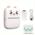 Piiri&uuml;lene Mini Termoprinter, Mustvalge Mitmefunktsiooniline Printer Markide Jaoks , Pink + 5 Rolls Of Lipnios spalvos