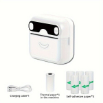 Mini termoprinter must-valged sildid, tekst, fotod - kaasaskantav, USB-laetav, traadita, 1200mAh liitiumaku., Baltas + 5 lipnių ritinėlių (gali būti priklijuotas)