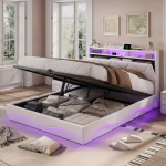Kaheinimesevoodi 160 x 200 cm, h&uuml;drauliline voodi LED-valgustusega, USB-C, beež, sametkangas