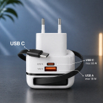 Qoltec GaN Super Fast 65 W v&otilde;rgulaadija | USB-C PD PPS | 5&ndash;20 V | 3&ndash;3,25 A | s&uuml;learvuti | MacBook | nutitelefon | v&auml;ljat&otilde;mmatav kaabel