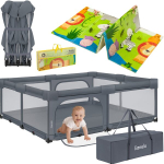 Laste m&auml;nguaedik Lionelo Florence XL Easy Fold Grey Stone + kahepoolne vaip lastele Lionelo Robby