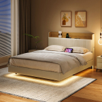 Polsterdatud kaheinimesevoodi 140 x 190 cm LED-valgusti ja USB-laadimisjaamaga, platvormvoodi, valge PU, ilma madratsita