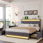 Polsterdatud voodi 180x200 LED- ja USB-pesadega, kaheinimesevoodi 4 sahtliga, panipaigaga voodi, hall, linane, ilma madratsita