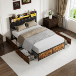 Polsterdatud voodi 140x200cm 4 sahtliga, LED- ja USB-valgustiga voodi, puidust liistudega alus, PU, ​​​​must + pruun