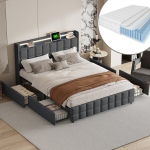 Kaheinimesevoodi 160x200 cm, madratsi, LED-valgusti ja USB-pordiga, 4 sahtlit, hall