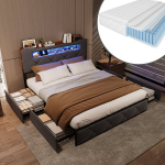 Kaheinimesevoodi 140x200 cm - madratsiga - LED- ja USB-portidega - 4 sahtliga - samet - hall