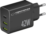 Esperanza Laadija EZC106K, 42W, must, 50-60Hz, 100-240V, 1xUSB Type-C, 2xUSB Type A, Power Delivery, &uuml;lekuumenemise kaitse