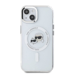 Karl Lagerfeldi IML Metal Karl&Choupette pehmendus MagSafe'iga, m&otilde;eldud iPhone 15-le &ndash; valge
