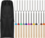 Kaheign 12 x roostevabast terasest vahukommi Bbq r&ouml;stimispulgad, 31 cm - 81 cm teleskoopilised grillvardad puidust k&auml;epidemega, l&otilde;kkevardad, hot dogi kahvlid telkimiseks (12 v&auml;rvi)