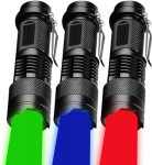 Mviocs 3 tk t&auml;iustatud punane roheline sinine led taskulamp, mini taskulambid, punane roheline sinine valgus, suumitav, veekindel led taskulamp, v&otilde;imas ja ere