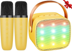 Karaoke masin lastele, mini karaoke masin 2 mikrofoniga, bluetooth k&otilde;lar led tulede ja h&auml;&auml;levahetajaga, kingitus t&uuml;drukutele 3, 4, 5, 6, 7, 8, 9, 10, 11, 12+ aastat (kollane)