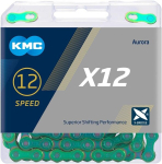 Kmc jalgrattakett, x12 aurora green, 1/2 tolli x 11/128 tolli, 126 l&uuml;li, 12 k&auml;iku, iriidiumkattega, metallikroheline