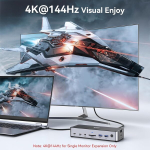 Usb c dokkimisjaam 3 monitorile s&uuml;learvutile usb c dokk kahele monitorile 2 hdmi displayport 4k144hz, usb a 2.0/3.0, usb c 3.1 10gbps & 30w v&auml;ljund, ethernet, microsd & sd, audio & mic, 150w dc toide