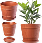 Kadax lillepott, lillepott alustassiga, taimepott sise- ja v&auml;listingimustes kasutamiseks, puidu v&auml;limusega, ilmastikukindel plastikust lillepott, lilledele, aeda, r&otilde;dule (l&auml;bim&otilde;&otilde;t 17 cm, terrakota)