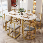 S&ouml;&ouml;gikomplekt: laud ja 6 seljatoega tooli, hall polster, metallraam, 7 tk