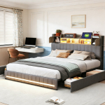 Voodi 140x190 cm liistudest alusp&otilde;hjaga, peatsiga panipaiga ja LED-valgustusega, USB- ja Type-C-pordid, linane kangas, hall