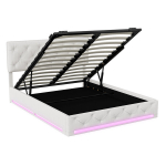 H&uuml;drauliline voodi, 140x200 cm, LED-tuledega, eriti suure panipaigaga, linane, valkjas