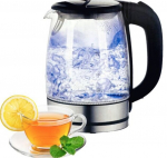 Klaasist veekeetja LED-valgustusega, r&otilde;&otilde;msad inimesed ja andy