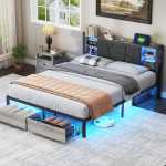 Voodi 140x200cm LED- ja USB-portidega - kahe sahtli ja panipaikadega - must