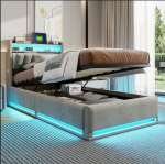 Voodi 90&times;200CM, &uuml;heinimesevoodi, LED-valgustuse ja USB-liidesega, h&uuml;drauliline t&otilde;stemehhanism, hall, samet