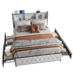 Polsterdatud voodi LED-valgustuse, laadimisjaama ja 4 sahtliga, liistudest raam, 140 x 200 cm, beež samet, ilma madratsita