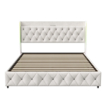 H&uuml;drauliline polsterdatud voodi 140&times;200 cm ottomani t&uuml;&uuml;pi panipaigaga, LED ja USB, beež