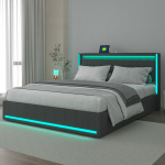 Kaheinimesevoodi 140x190cm, pehme voodi nelja sahtliga, LED ja USB, liistudest alus, linane, hall